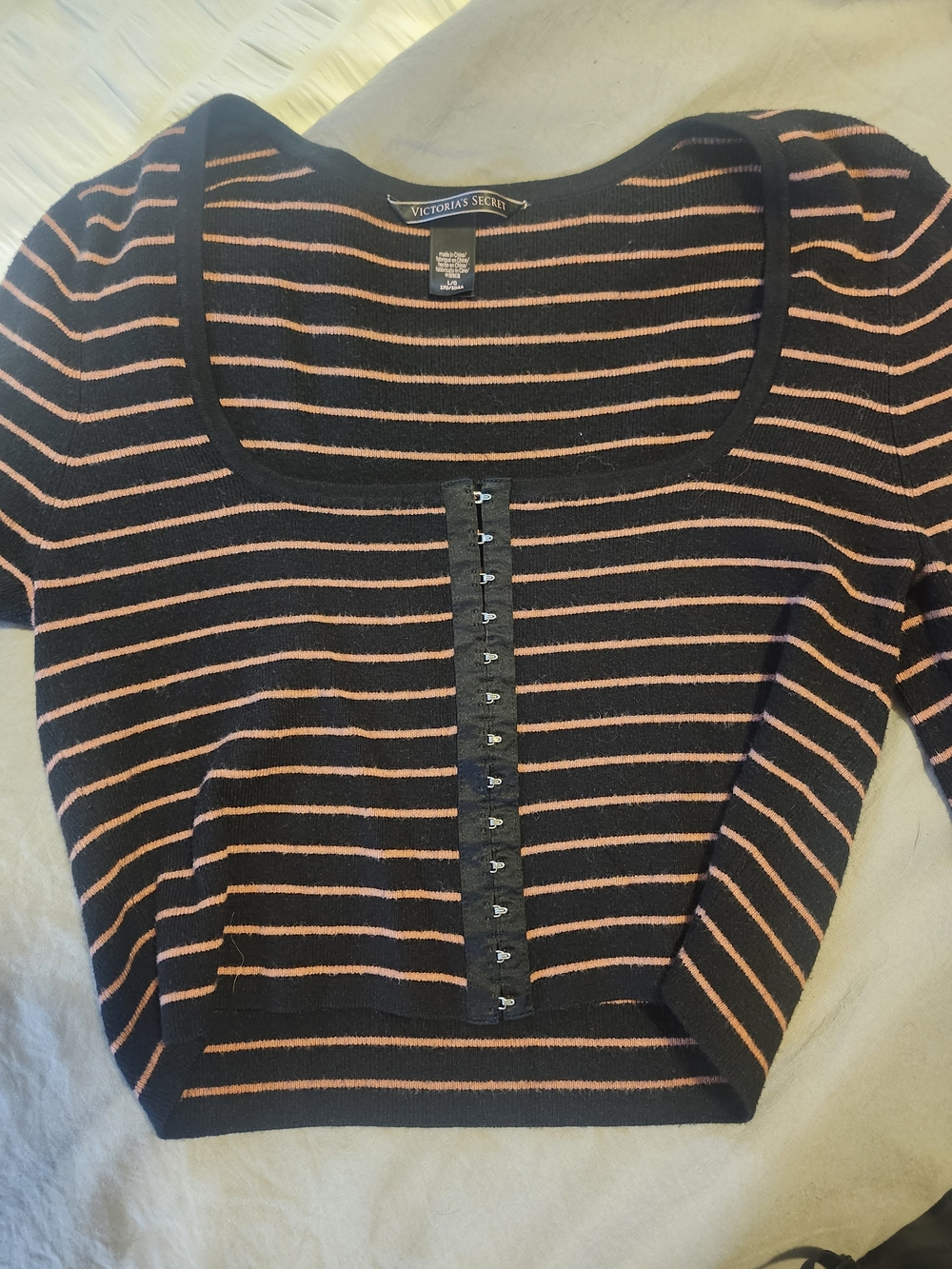 Victoria's Secret Black & Peach Striped Hook-Front Top